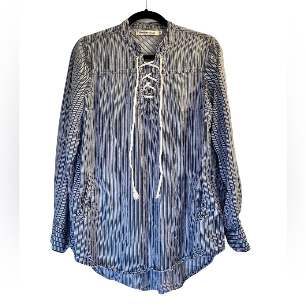 Standard Grace Women’s Top Size M Blue White Stripes Long Sleeve Hi-Lo
